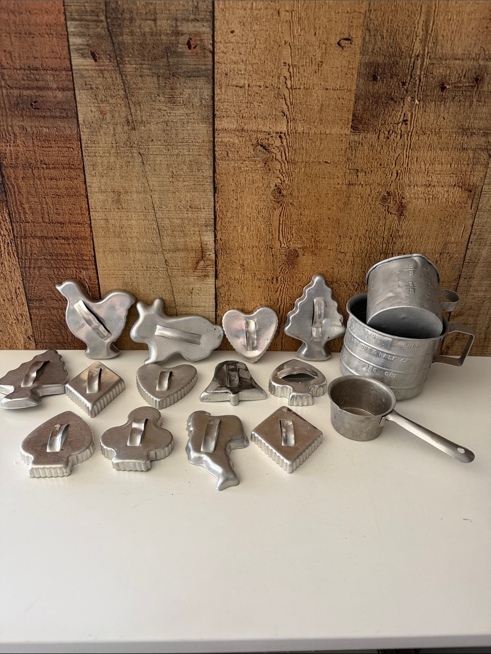Vintage Aluminum Cookie Cutters and Measuring Cups Set